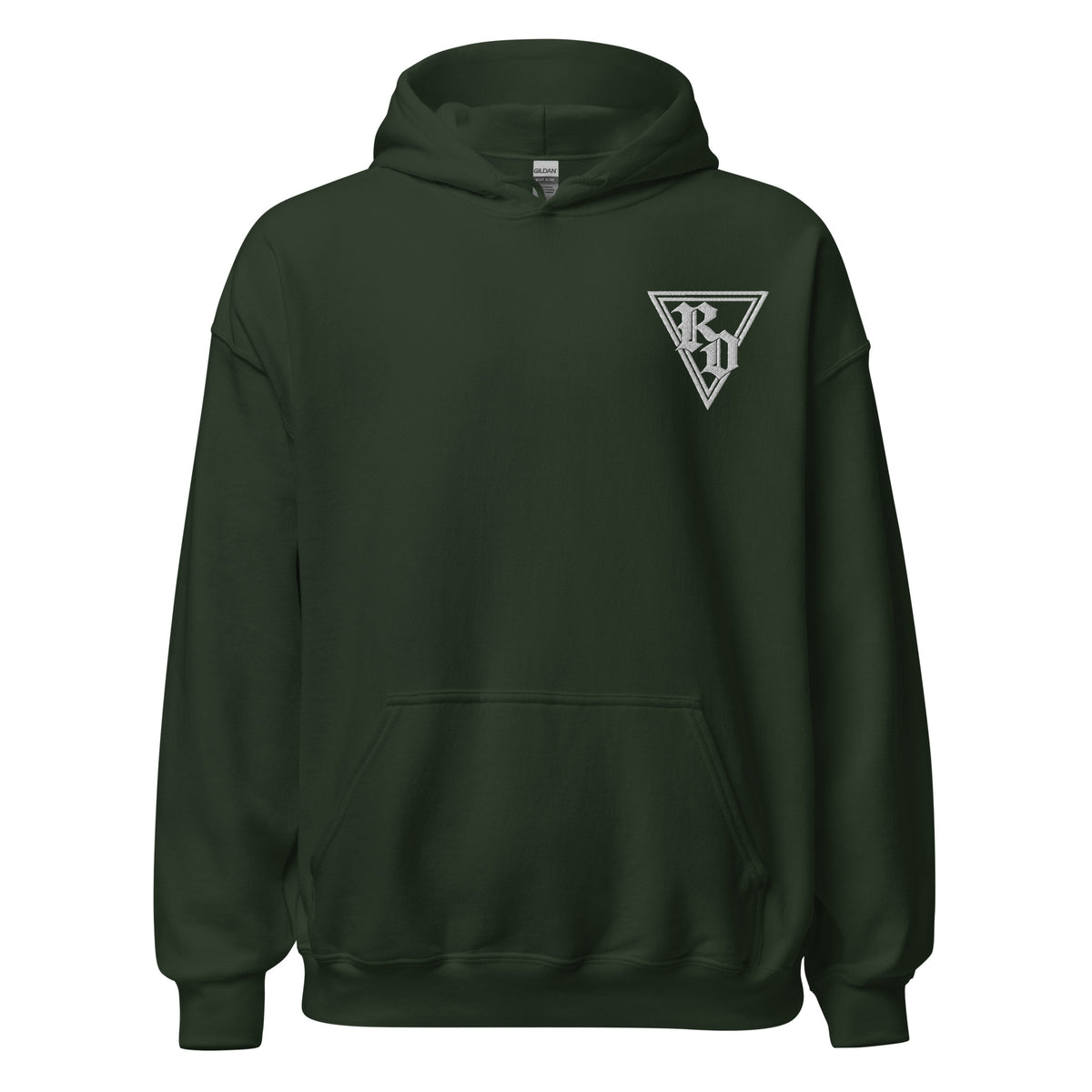 Embroidered White RD logo hoodie by Rad Daddy Clothing in forest green, front view