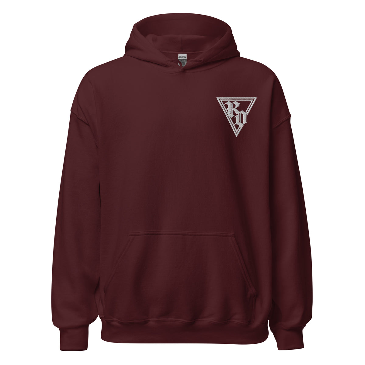 Embroidered White RD logo hoodie by Rad Daddy Clothing in maroon, front view