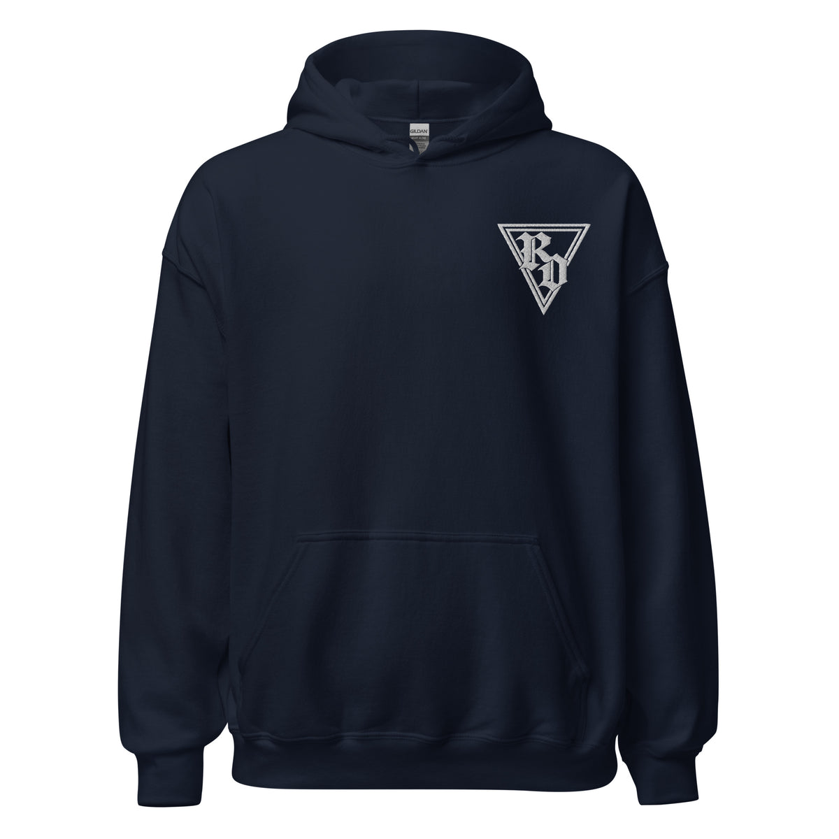 Embroidered White RD logo hoodie by Rad Daddy Clothing in navy, front view
