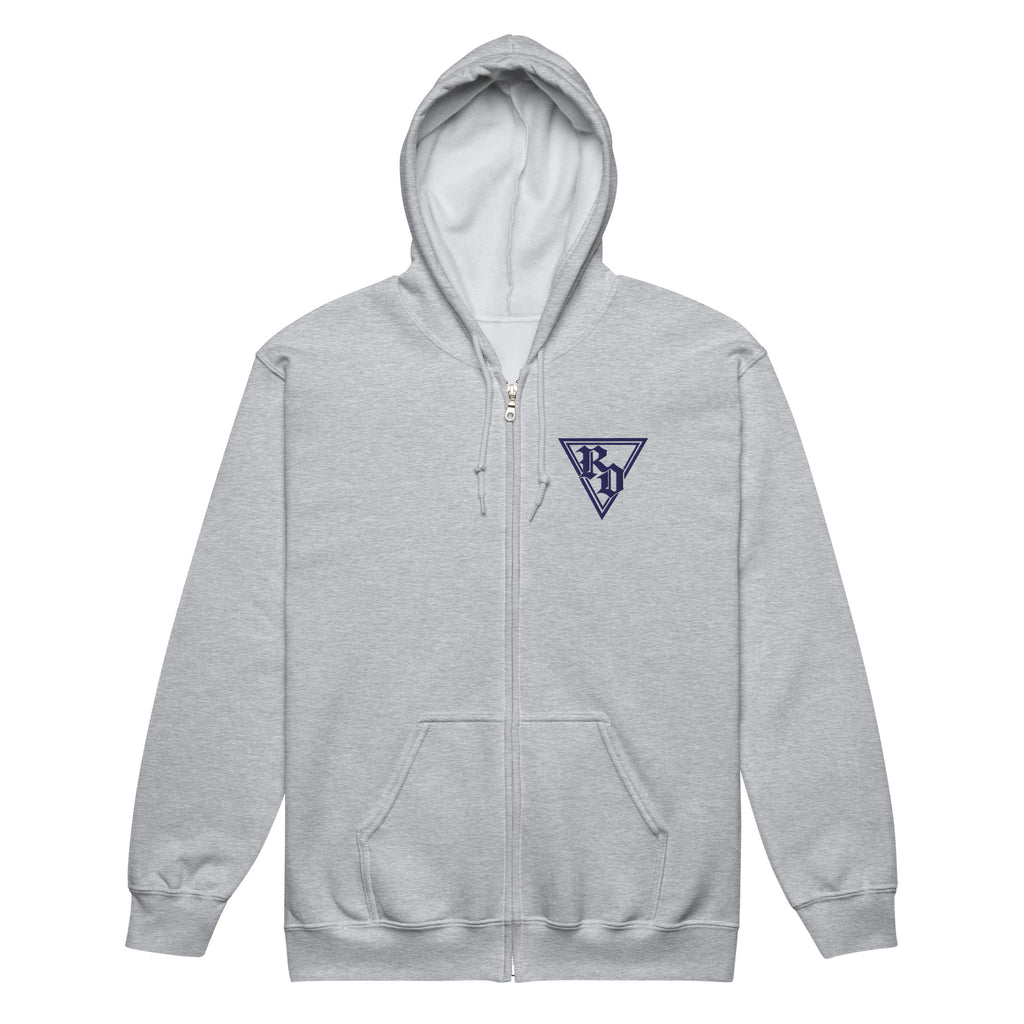 Embroidered Navy RD logo zip up hoodie by Rad Daddy Clothing in sport grey, front view
