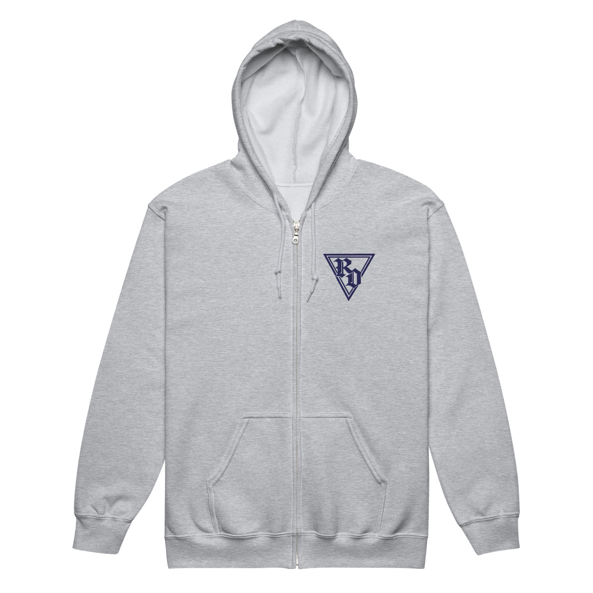 Embroidered Navy RD logo zip up hoodie by Rad Daddy Clothing in sport grey, front view