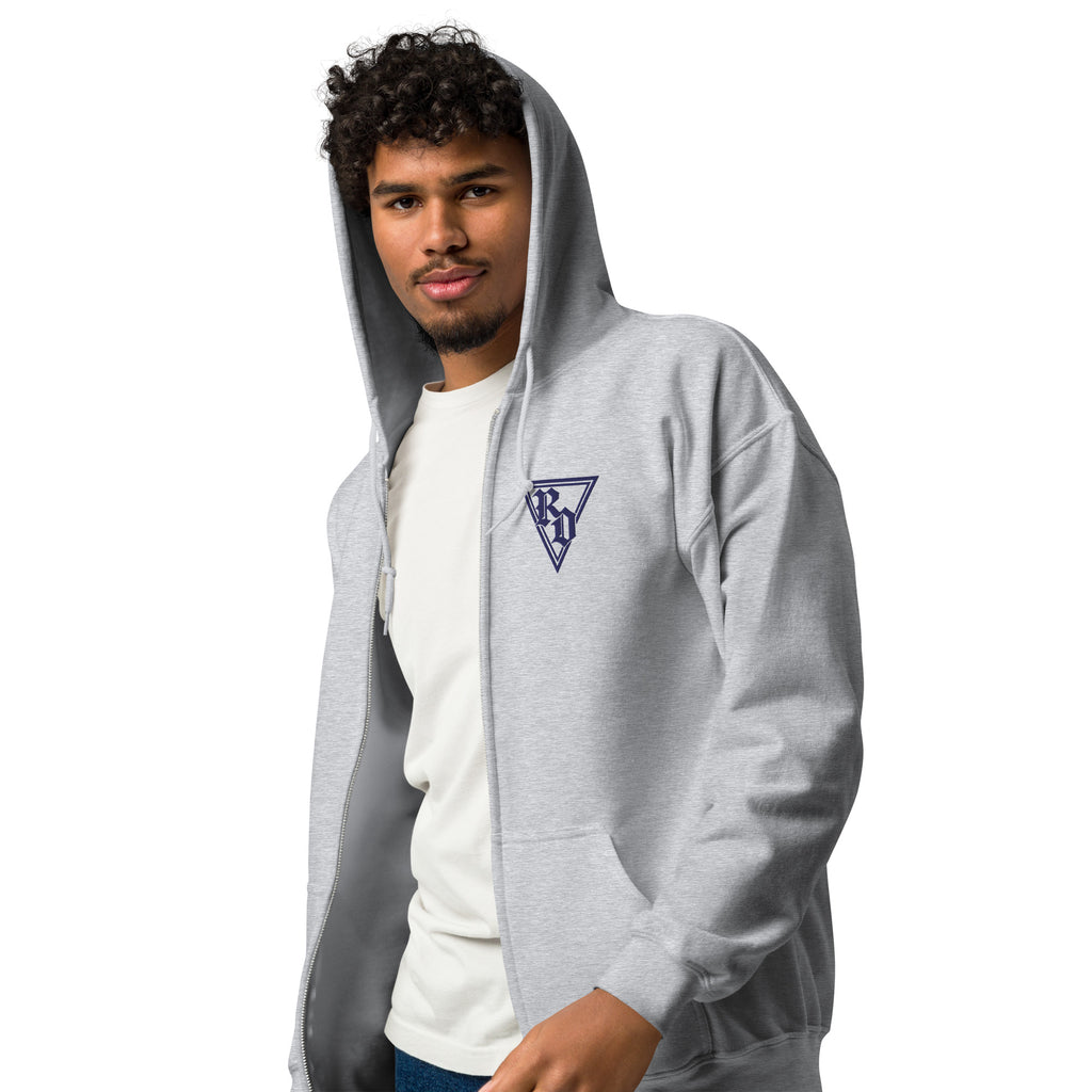 Embroidered Navy RD logo zip up hoodie by Rad Daddy Clothing in sport grey, left front view