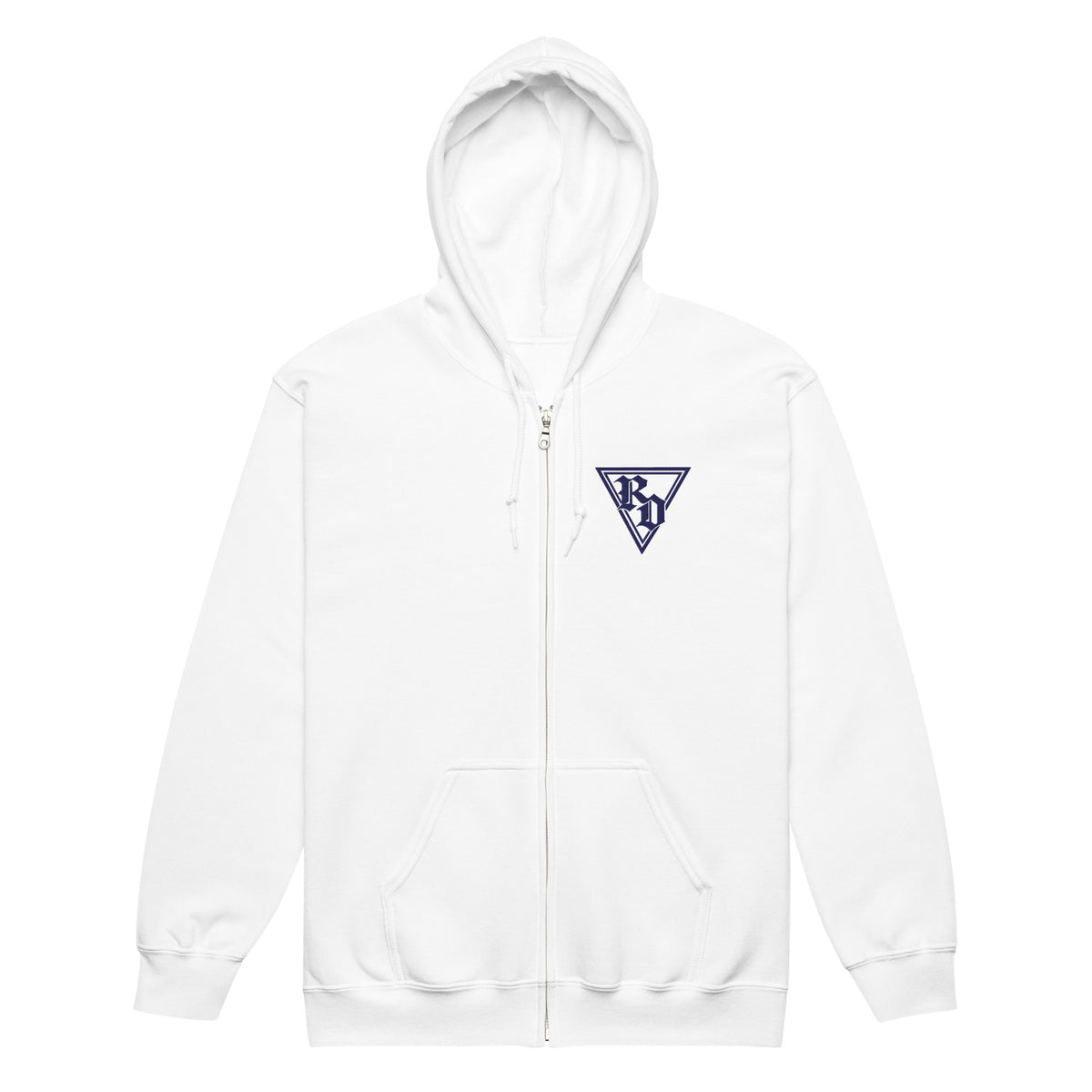 Embroidered Navy RD logo zip up hoodie by Rad Daddy Clothing in white, front view