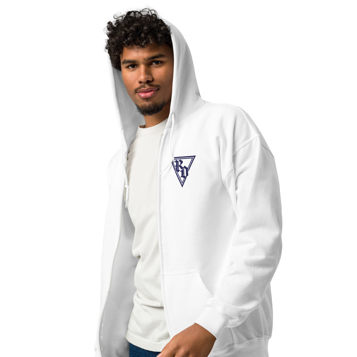 Embroidered Navy RD logo zip up hoodie by Rad Daddy Clothing in white, left front view
